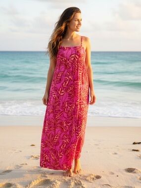 Goa Tropical Pink & Red Leaf Print Maxi Dress – XS Summer Beach Vacation Boho